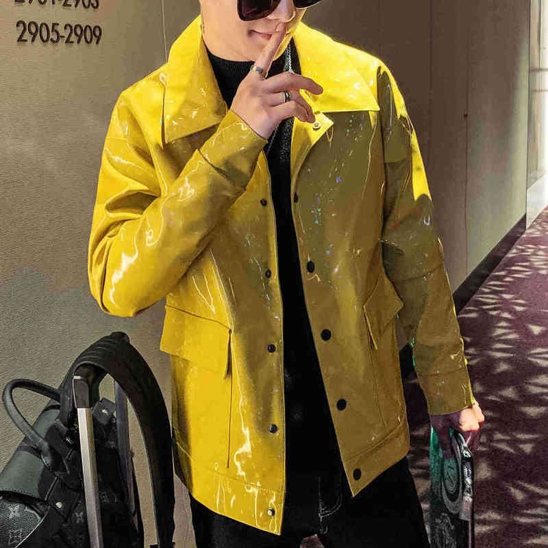 

Leather Mirror Shiny Leather Coat Autumn Social Guy Motorcycle Coat Casacas Para Hombre Motorcycle Jacket Male Leather Jacket T220728, Yellow