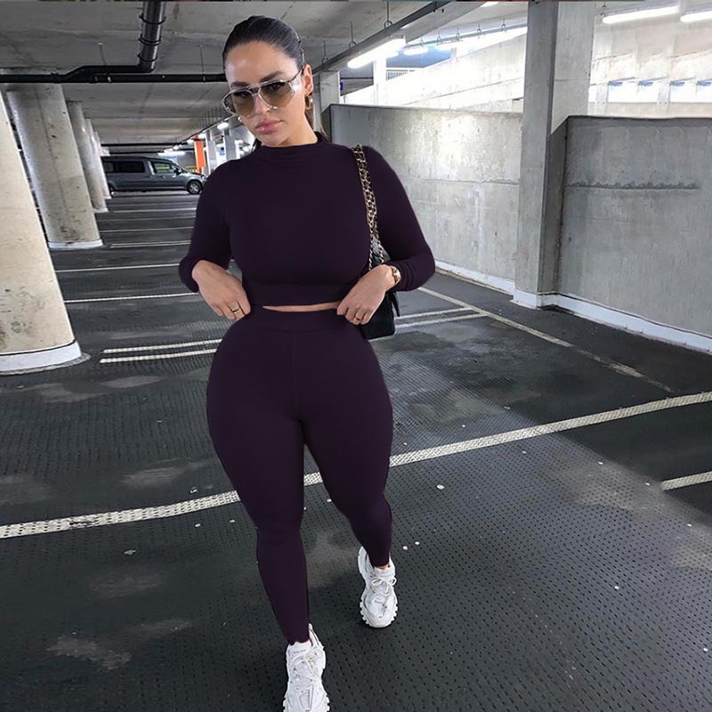 

KLALIEN Solid Tracksuit Women Streetwear Fitness Sportswear T Shirt and Trouser Two Piece Set Women Stretch Skinny Female Outfit, Champagne