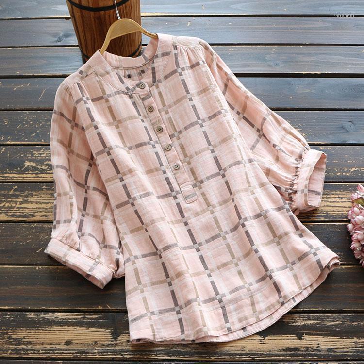 

Women's Blouses & Shirts Summer Women Blouse Japan Style Loose Plaid Stand Collar Cotton Half Sleeve Shirt Tops WomenWomen's Vere22, Green