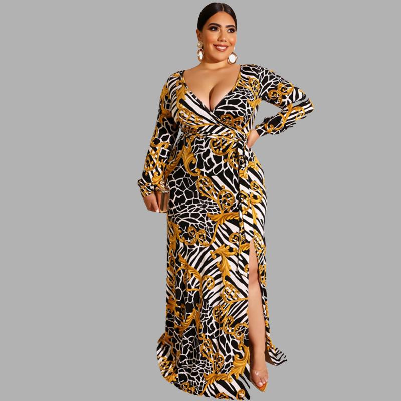 

Plus Size Dresses Autumn Women's Fashion Printed Dress Lacing Tight-fitting Bag Hips Deep V-neck Long Sleeve Hem Split-fork Sexy SizePlu, Gold