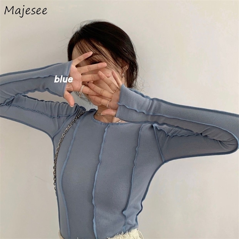 

Long Sleeve Tshirt Spring Solid ONeck Elegant Bright Line Decoration Slim Casual Soft High Quality Ladies Clothing Tees 220728, Blue