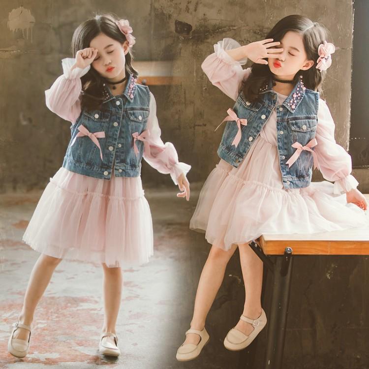 

Clothing Sets Girls Fall Set Kids Beading Pearls Bow Denim Vest Coat Long Sleeve Princess Tulle Dress 2 Pcs Children's Wear B259, Vest and dress