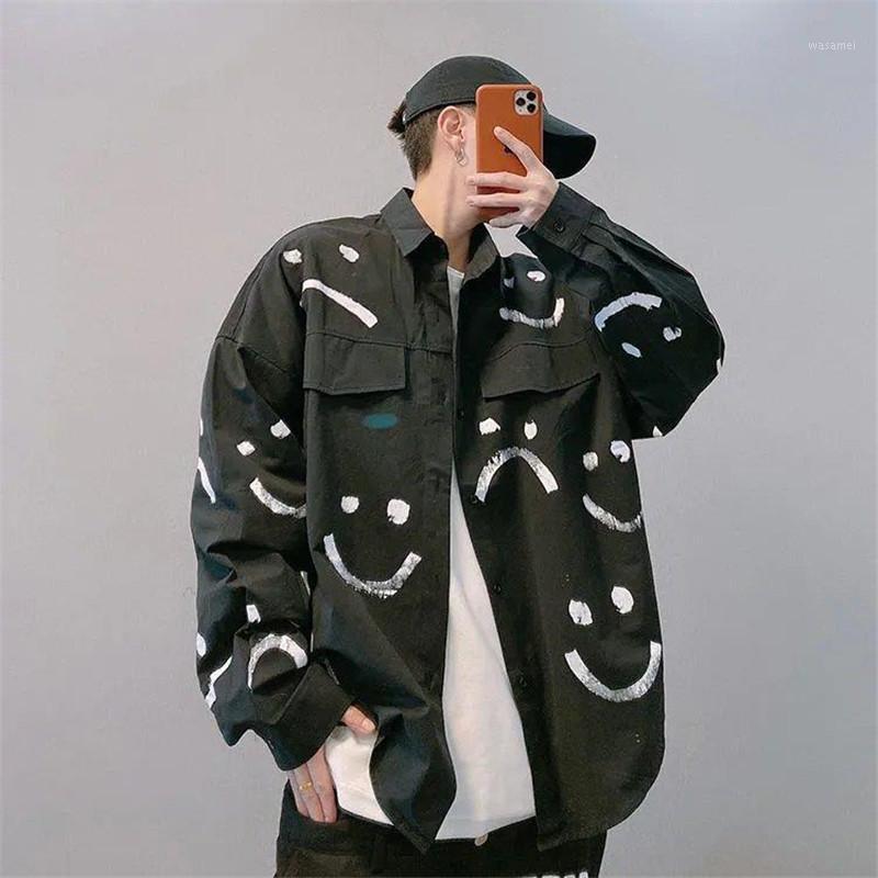 

Autumn Black Smile Print Shirts Men Fashion Hip Hop Shirt Streetwear Long Sleeve Casual Slim Fit High Street Tops Men's