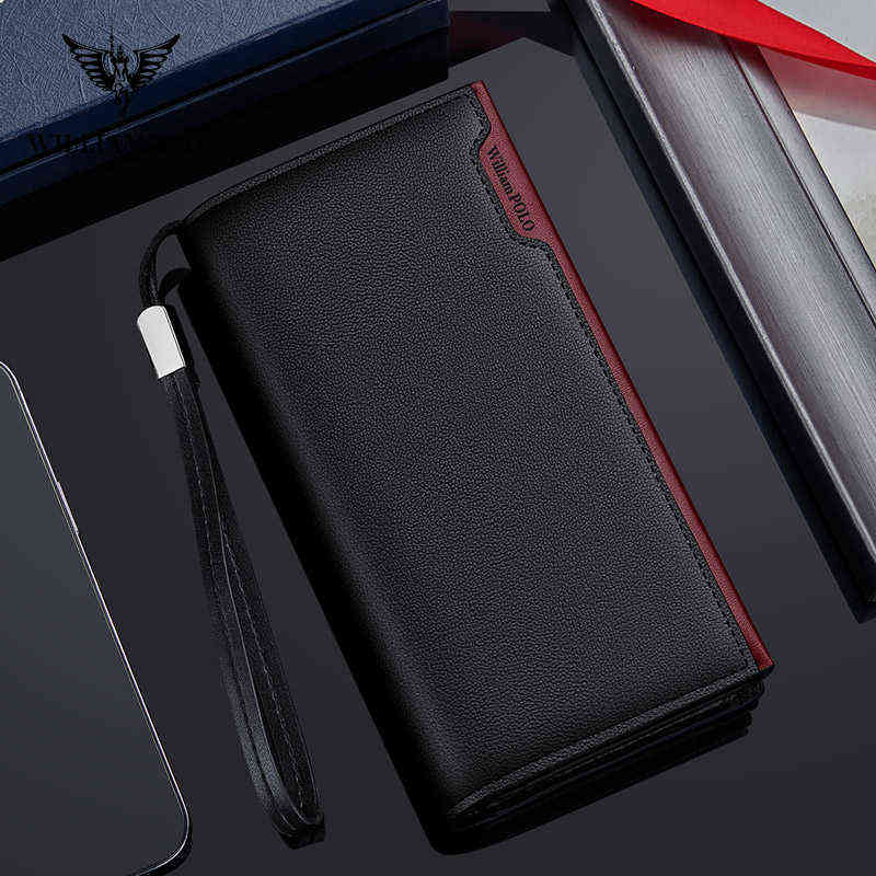 

Men's Wallet Long Style 100% Cow Leather Fashion Business High Quality Clutch Card Holder Coin Zipper Purse, Black plain