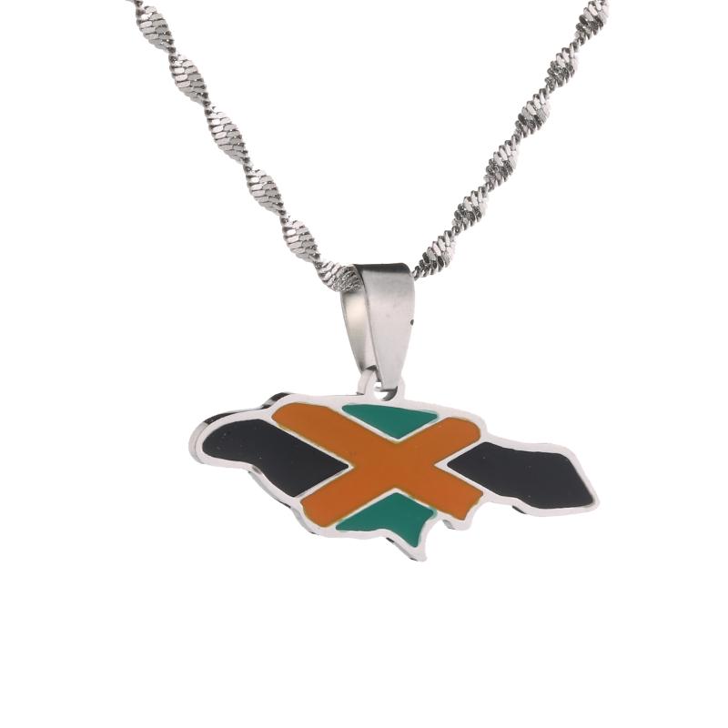 

Chains Stainless Steel Enamel Jamaica Map Pendant Necklaces Silver Color Jamaican Flag Chain Jewelry