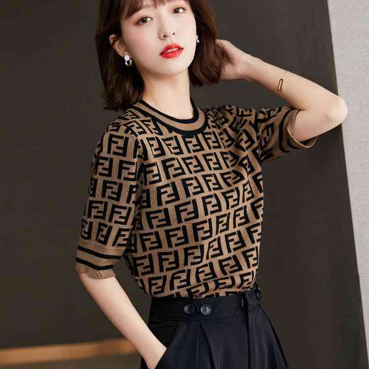 

Summer New Double f Letter Ice Silk Thin Pullover Short Sleeve Shirt Women's T-shirt Wear, Khaki