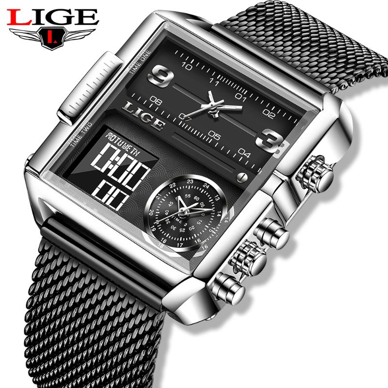 

Wristwatches 2022 LIGE Digital Watches Mens Top Waterproof Square Wrist Watch Men Quartz Military Sports Relogio Masculino, Brown silver