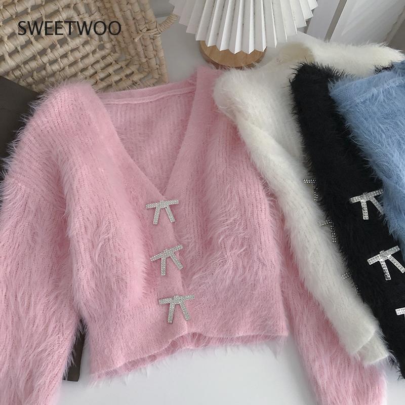 

Women's Knits & Tees Sweaters Women Jumpers Autumn Sweet Wild V Long Sleeve Pink Cardigan Short Coat Pull Gentle Waterproof Mink Rhinestone, Black