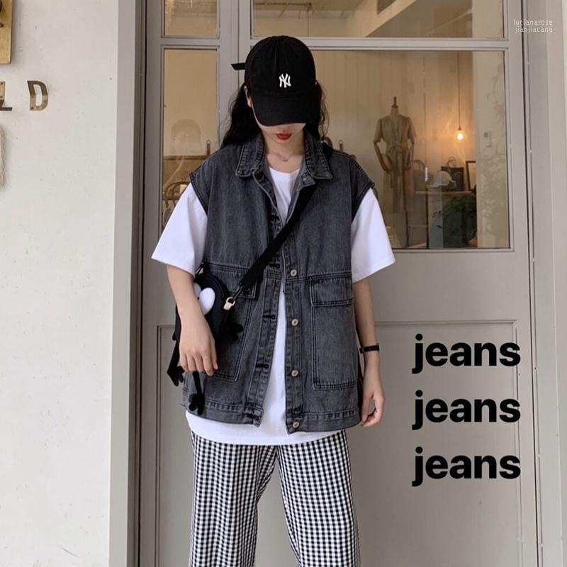 

Women's Vests Women Denim Vest Oversize Pocket Blue Black Turn Down Collar Luci22