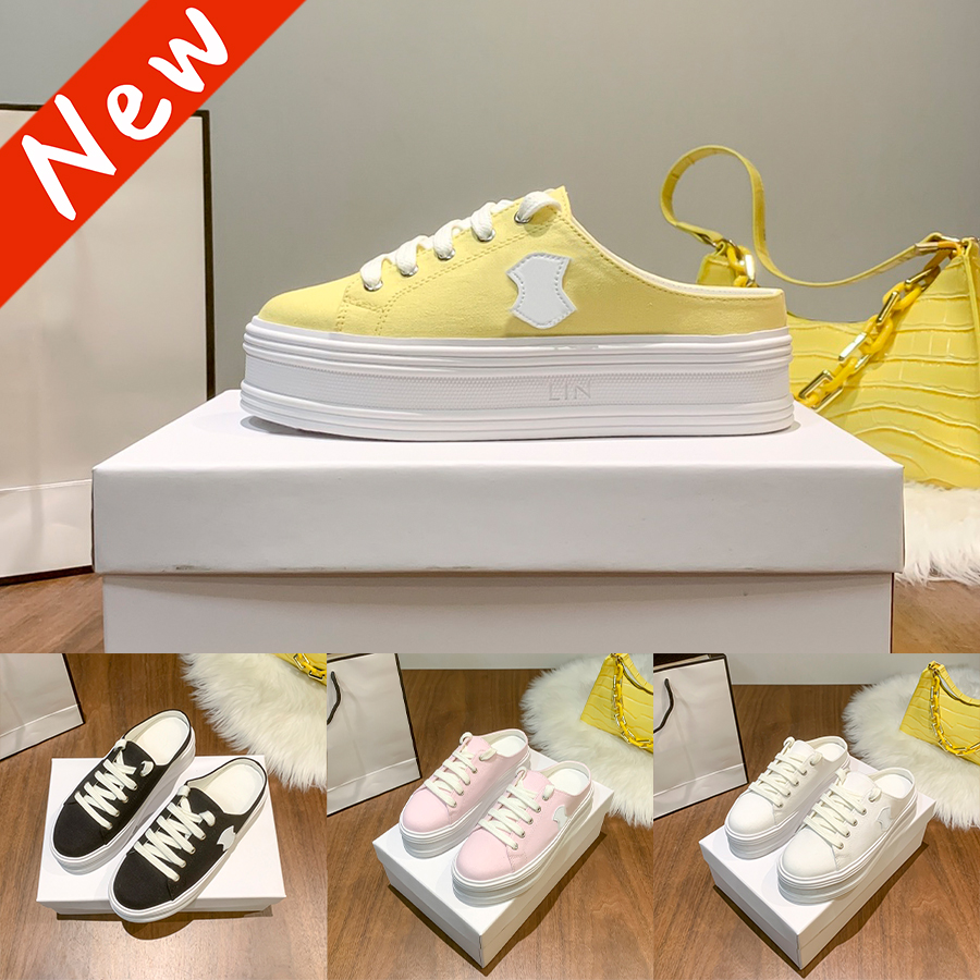 

designer slipper luxury sandal Paris Celins Jane Low Lace-up Lambskin Canvas Platform Open Back Mules OPTIC WHITE beach slides summer fashion women slippers shoes, Shoe box