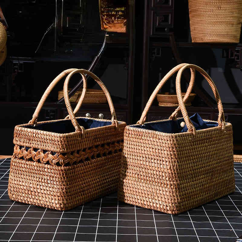

Vietnam Rattan Woven Bag Ins Literature and Art Women's Hand-held Straw Woven Bag Autumn Rattan Woven Basket Leisure Fashion Women's Bag 220614, Plaited trapezoid (25x15x15cm)