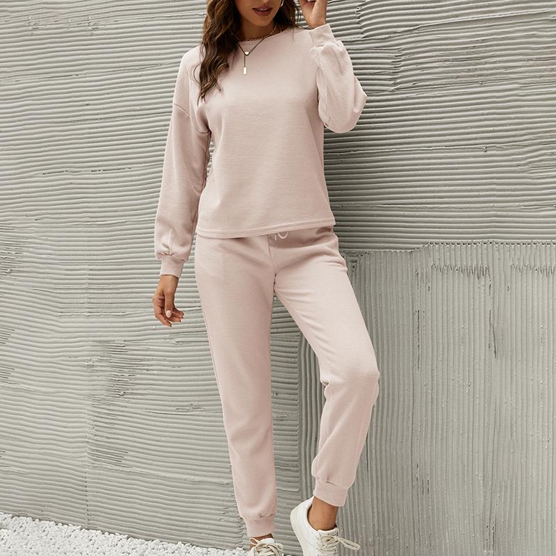 

Women' Two Piece Pants Autumn Solid Color Home Pieces Suit Long Sleeve O-neck Tshirt And High Waist Pencil Female Casual Loose Sets, Black