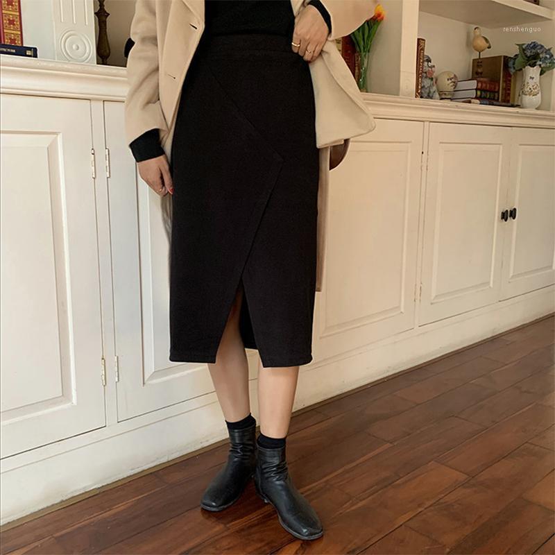 

Skirts Women' Autumn Winter One-Step Skirt High Waist Office Lady Black A-Line 2022 Korean Style Fashion Irregular Split