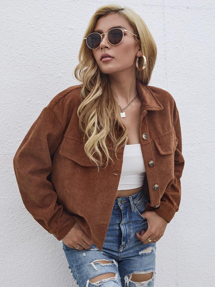 

Women' Jackets Spring Autumn Women' Tops Corduroy Solid Color Short All-match Casual Fashion Trend Jacket Coat Women ApparelWomen, Brown