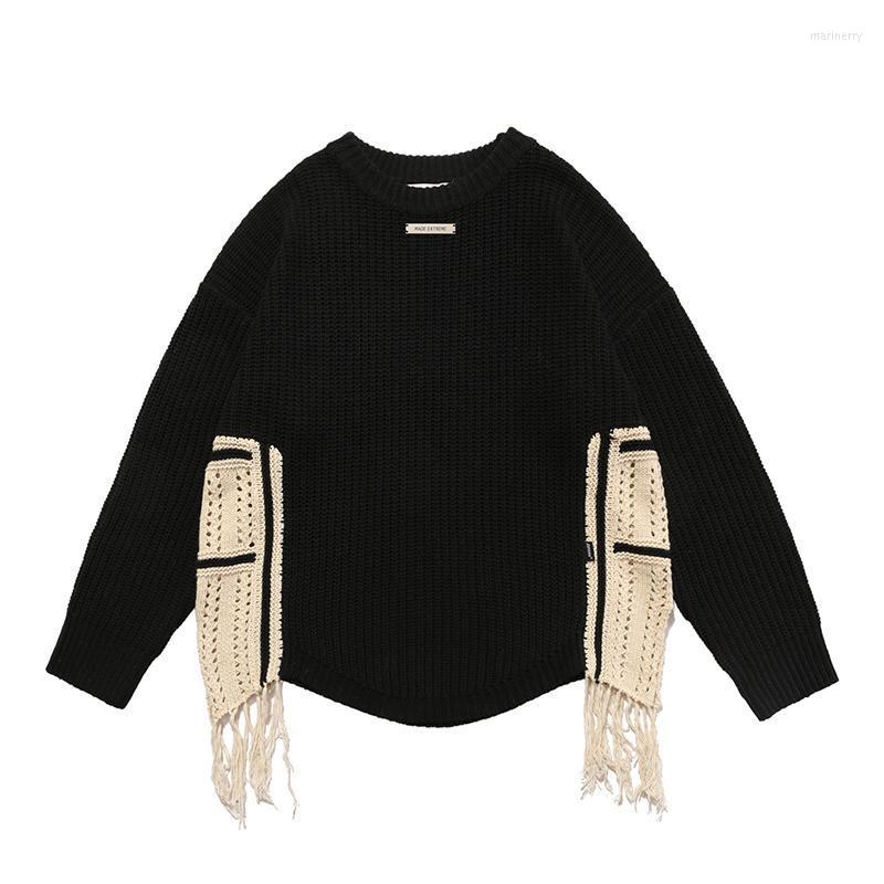 

Men's Sweaters High Street Mens Vintage Tassel Patchwork Casual O-Neck Loose Sweater Women Harajuku Oversized Pullover Couple AutumnMen's Ma, Black