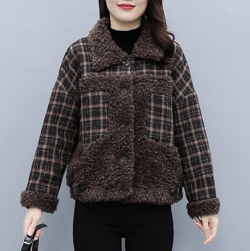 

Women' Trench Coats 2022 Winter Vintage Plaid Patchwork Lambswool Jacket Lapel Long Sleeve Casual Woolen Blends Outwear, As picture