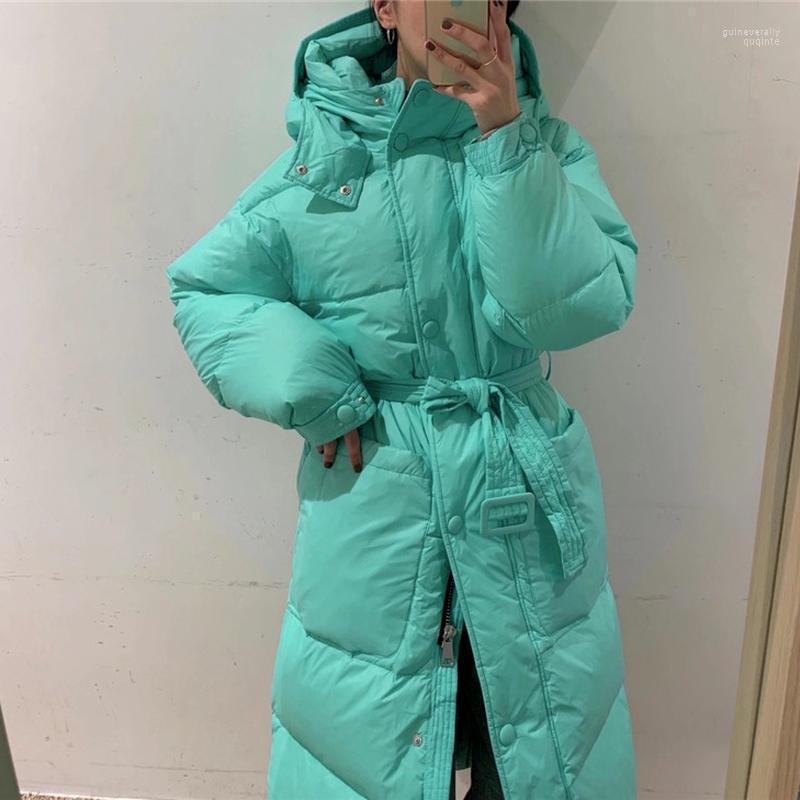 

Women's Down & Parkas Korean Simple Belt Long Knee-length Straight Jacket Women 2022 Casual Waist Hooded Bread Streetwear Guin22, Green