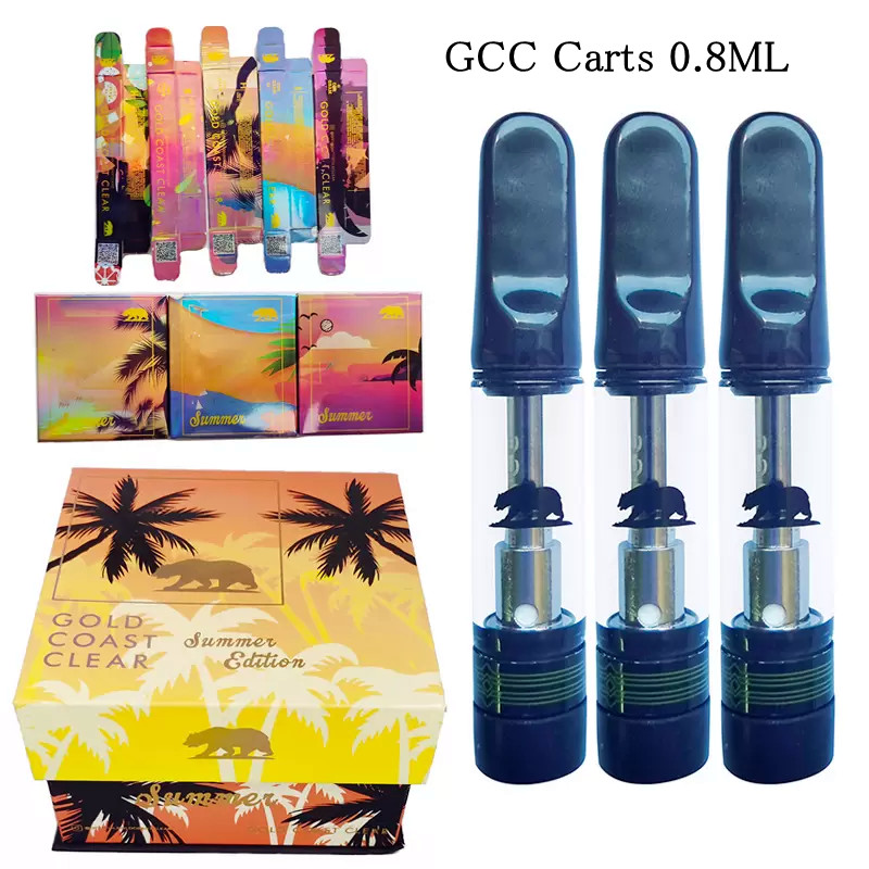 

GCC Gold coast clear Summer edition Vape Cartridges 0.8ml Ceramic Screw on Tip Glass Tank Atomizers Vapes Carts 510 Thread Thick Oil Magnetic Display Box Empty