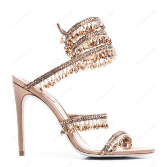 

RENE CAOVILLA 10cm stiletto High heel Sandals CRYSTAL Karung open toe Snakelike twining rhinestone sandals women Top quality Gold Cleo embellished satin sandal, Only a boxes