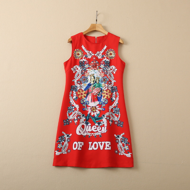 

2022 Summer Fall Sleeveless Round Neck Black / Red Floral Print Beading Beaded Rhinestone Short Dress Elegant Casual Dresses 22Q242142