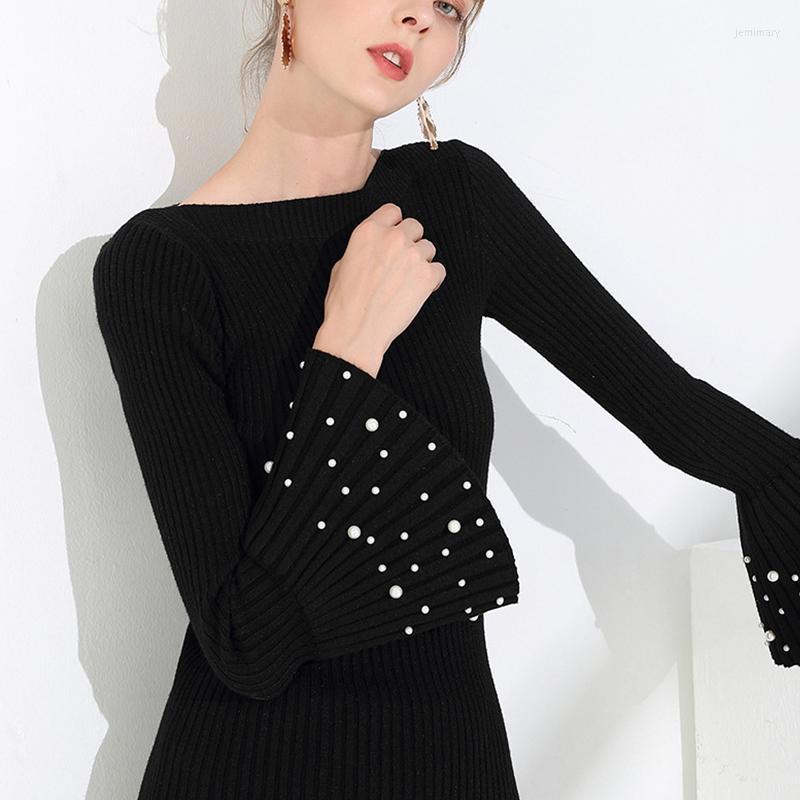 

Women's Sweaters Liva Girl Knitted Bottoming Flare Sleeve Pearl Decoration Solid Pullovers Women Jumper Winter Knitwear Tops Jemi22, Beige