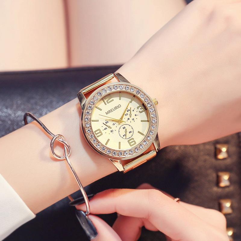 

Wristwatches Business Round Quartz Luxury Rhinestone Dial Casual Watches Stainless Strap Fashionable Clock Waterproof Wristwatch For Women, Gold