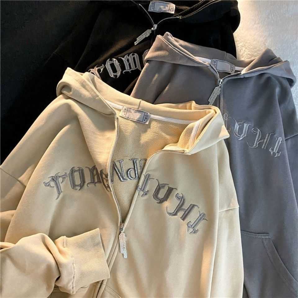 

Retro Embroidered Zip Up Sweatshirt Y2k harajuku 2021 plus size pullover Korean style loose letter long sleeves sweater clothing, Color 1