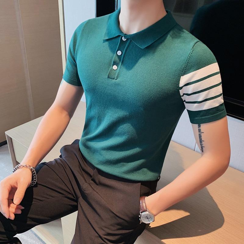 

Men's Polos High End Luxury Men's Knitted Shirt Short Sleeve Contrast Stripe Lapel T-shirt Young Korean Style Casual TopMen's Men'sMen's, Black