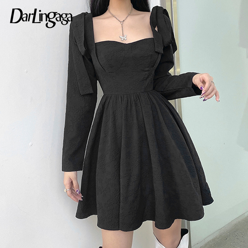 

Darlingaga Vintage Square Neck Jacquard Fashion Black Dress Female Bow Long Sleeve Party Pleated Evening Chic Gothic Clothes New