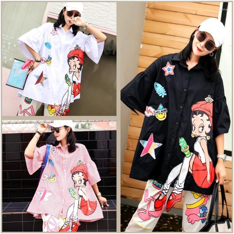 

Women's Blouses & Shirts Harajuku Cartoon Sequins Cute Oversize Loose Summer Women Turn Down Collar Half Casual Blouse SL255Women's Vere22, Black
