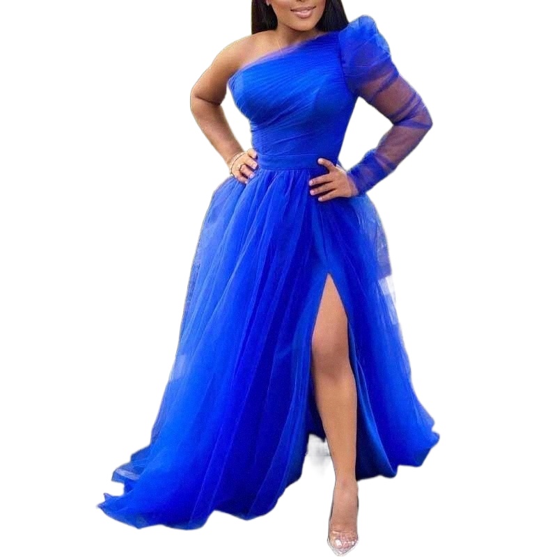 

casual Dresses Lady Bridesmaid Party Plus Size 2022 Off Shoulder Split Big Hem Long Tulle A-Line Prom Dress Formal Wedding 012h#, Blue