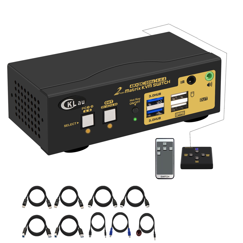 CKLau 2x2 Displayport + HDMI KVM Switch Dual Monitor USB 3.0 4K@60Hz with Audio and Cables Support EDID, DP 1.2, HDR 10-image-664294171