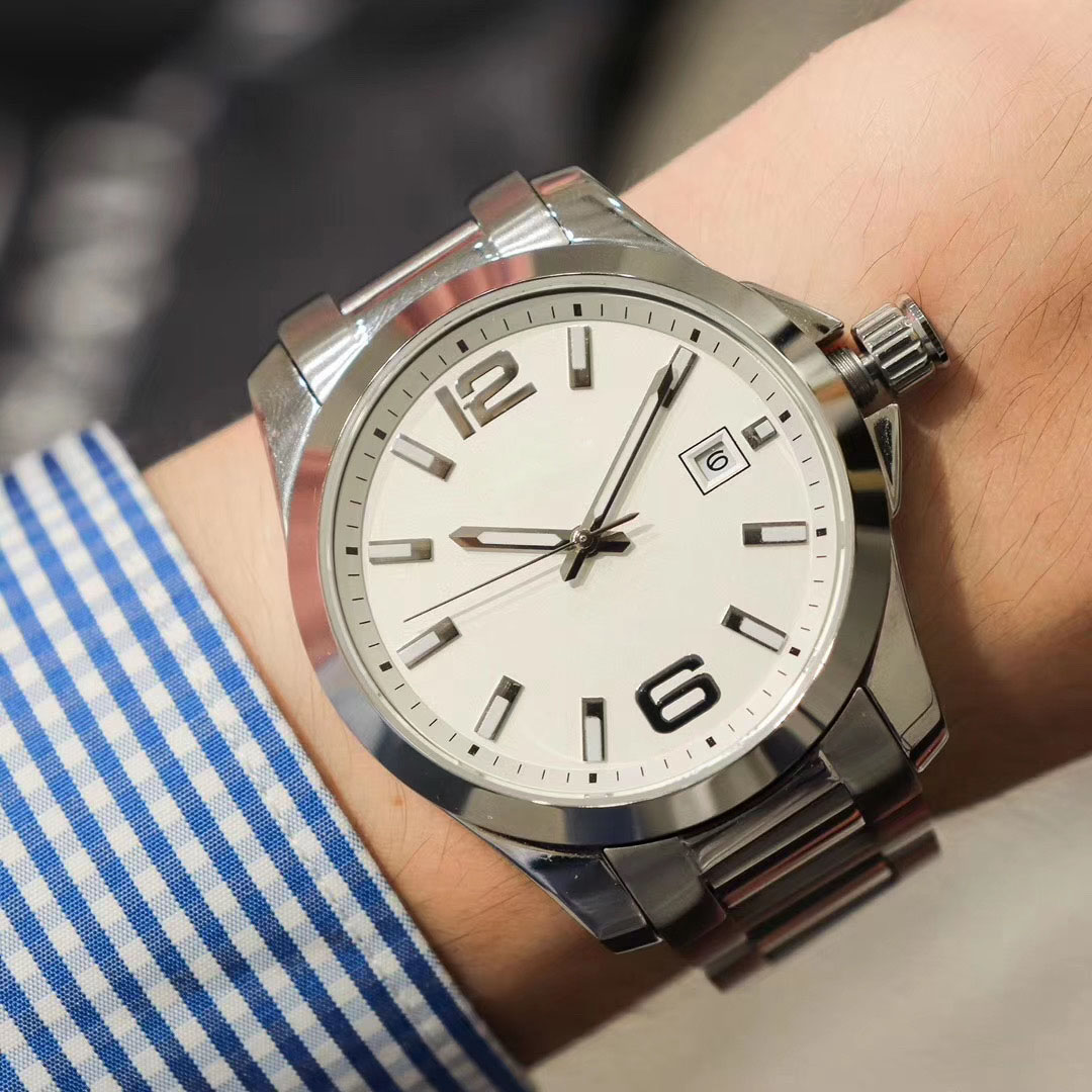 

High Grade 43MM Conquest Mens Watches Automatic Mechanical Movement Stainless Steel Bracelet Smooth Bezel With HYDROCONQUEST Hardlex Glass Markings Silver Dial, No send watch for shipping