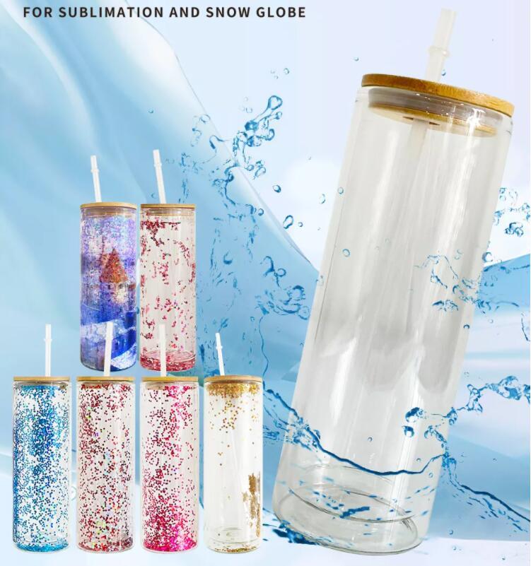 

US warehouse 20oz straight Pre-drilled Tumblers snow globe glitter double wall straight glass tumbler for sublimation printing, 20oz clear