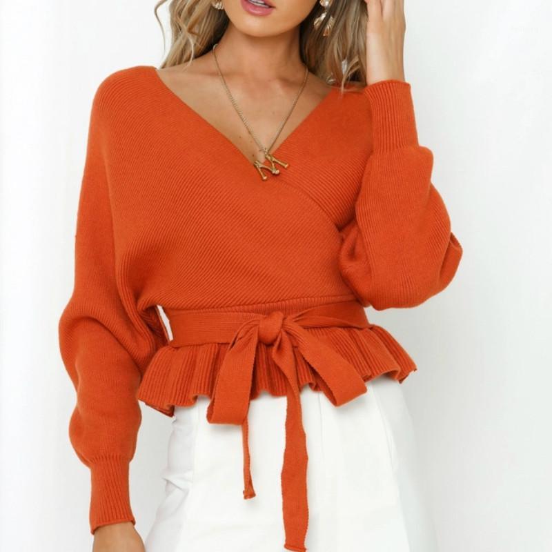 Women's Sweaters Women Knitting Tops Open Back V-neck Fashion Solid Knitted Ruffles Bow-knit Slim Knitwear Clothes High Street