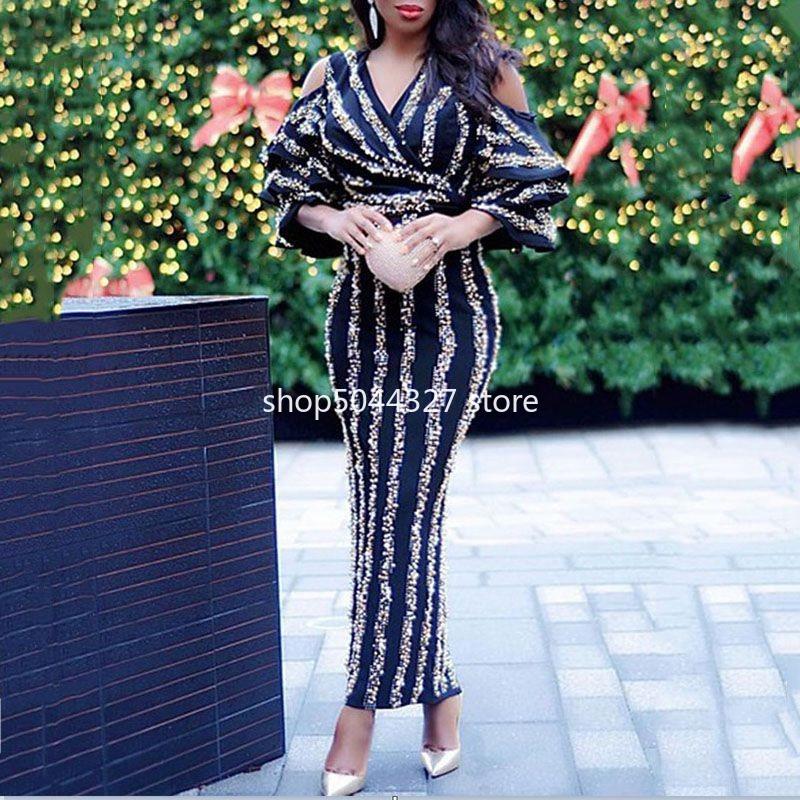 

Ethnic Clothing Long African Dresses For Women Party Stripe Glitter Dashiki Bodycon Dress Africa Ruffle Sleeve Robe Clothes