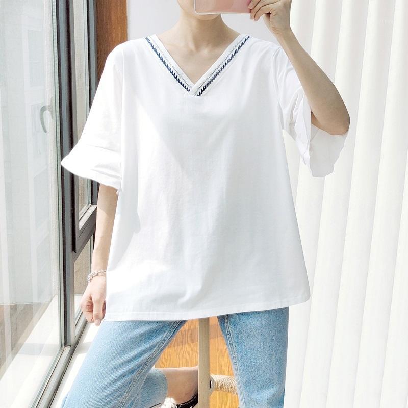 

Women's T-Shirt Summer Women Clothes Oversized Tees 2022 Casual Plus Size Tops Simple Half Sleeve Embroidery V Neck Camiseta Mujer, Black