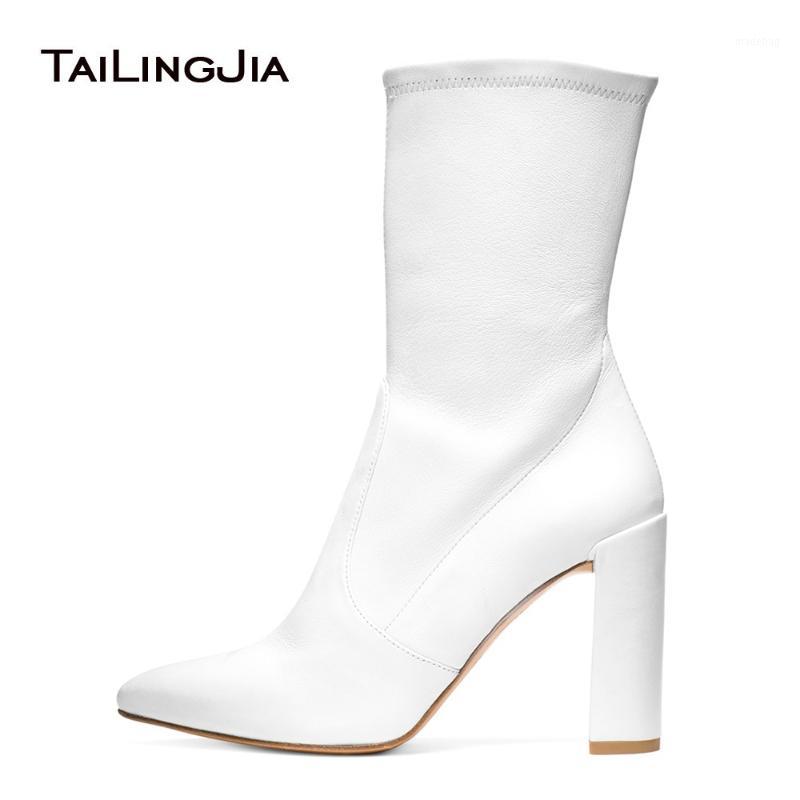 

Women Chunky Heel White PU Leather Sock Booties Black Stretch Mid Calf Boots For Lady Pointy Toe Female Spring Autumn Shoes 2022