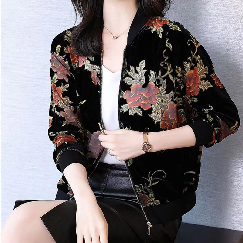 

Women's Jackets 2022 Fashion Autumn Women Printed Velvet Jacket Casual Loose Baseball Coats Long Sleeve Female Bomber Vintage 5XL Outwear, Color 3