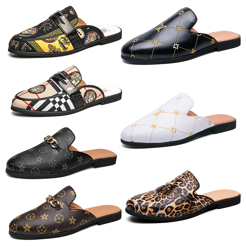 

Luxury Brand Mens designer Horsebit Metal Buckle Grid pattern slippers Genuine Leather mules black white brown Flip Flops men casual Lazy shoes, 652