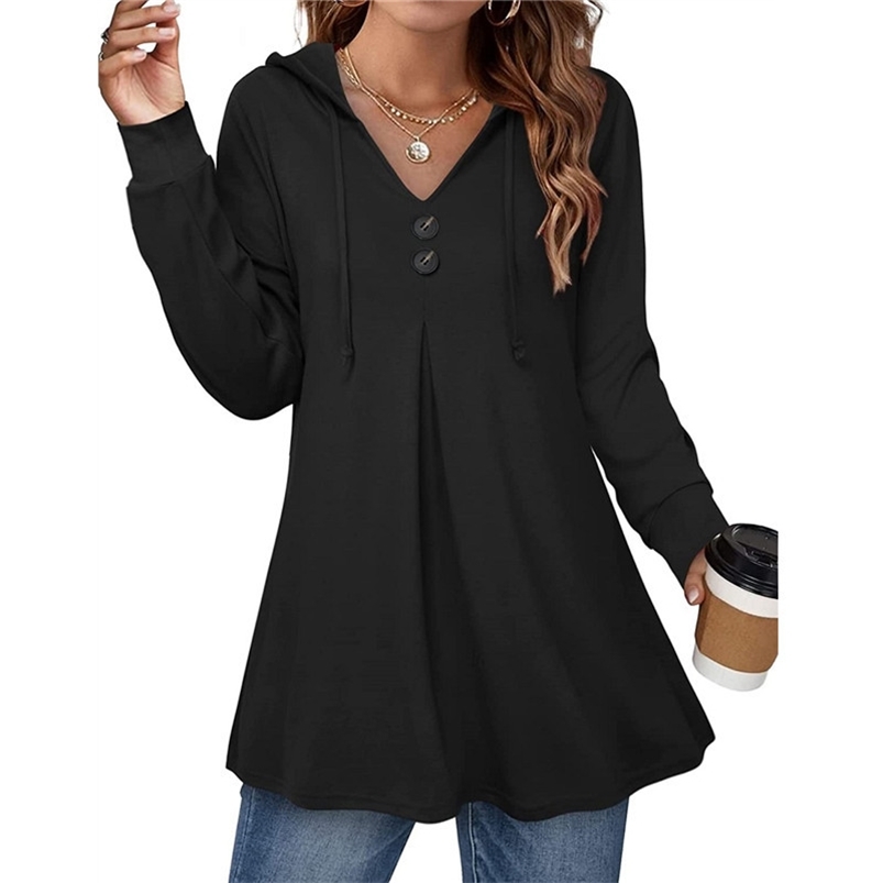 

Elegant Sweatshirt Autumn Women Casual V Neck Long Sleeve Tunic Top Drawstring Hoodie Pullover Button Ladies Fashion Clothes 220813, Coffee