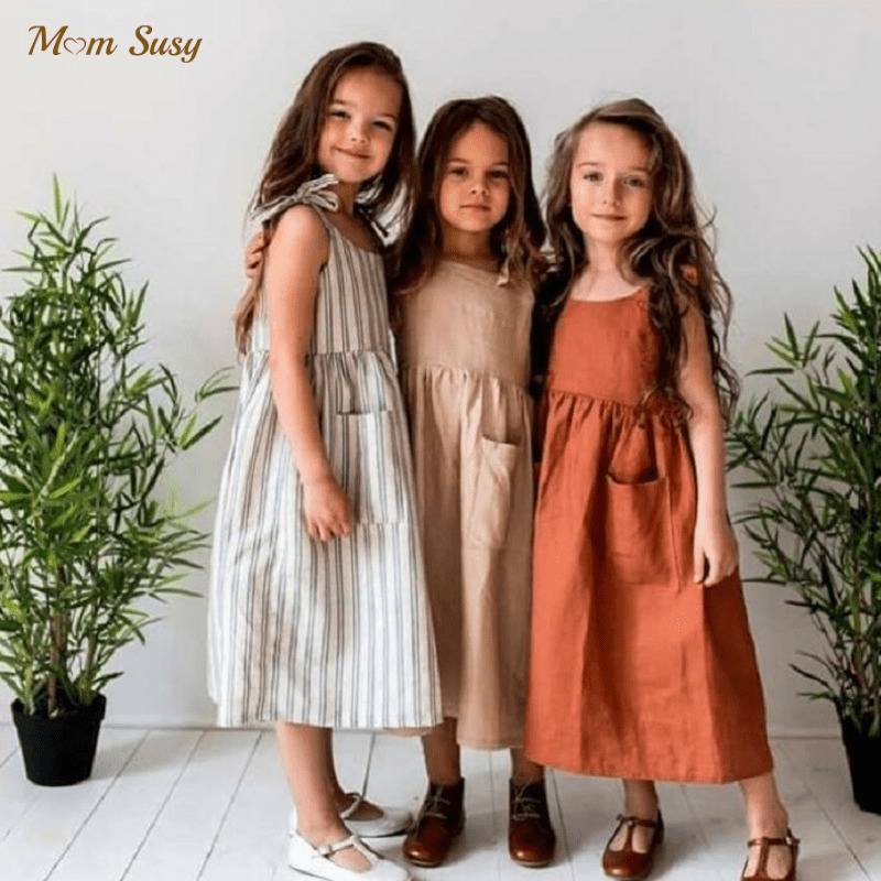 

Baby Girl Linen Cotton Dress With Pocket Summer Infant Toddler Girl Sling Dress Casual Solid Color Baby Clothes 15 Years 220614, Khaki