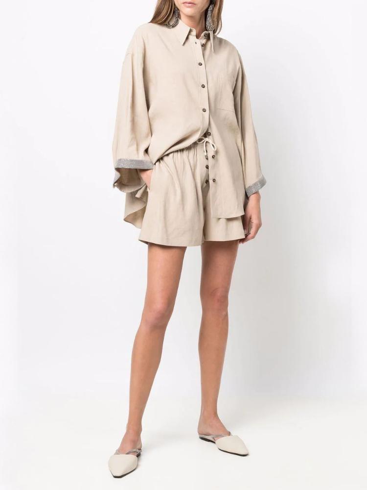 

Women's Blouses & Shirts Women Shirt 2022 Spring Summer Solid Color Lapel Loose Linen Three-quarter Sleeve Bead Chain Decoration Casual Shir, Light brown