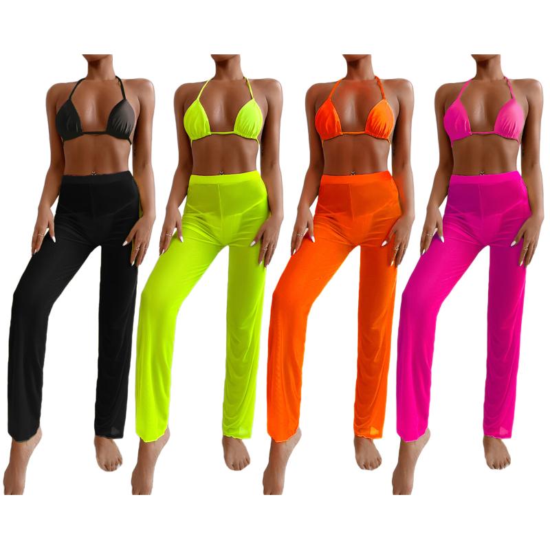 

Women' Swimwear Women Clothing 3 Piece Bikini Sets Solid Mesh Yarn Halter Vest And Tie-up Thong Trousers Swimming SuitWomen, Black