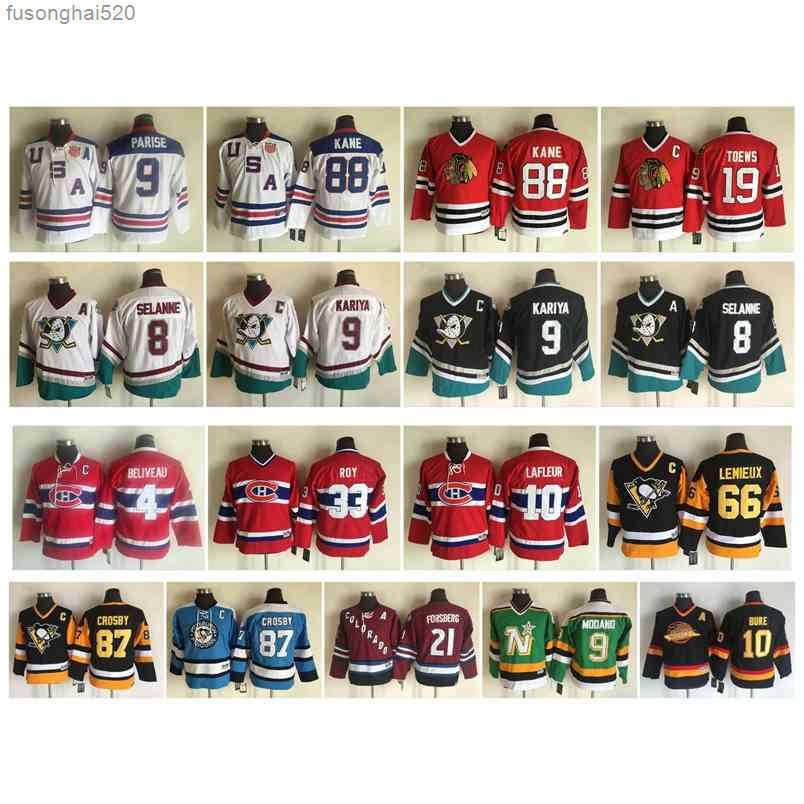

95 Vintage Kids Hockey Jersey Ducks 8 Teemu Selanne 9 Paul Kariya USA 88 Patrick Kane Kids 9 Zach Parise 19 Jonathan Toews Pavel Youth CCM nhl's Jerseys, As pic