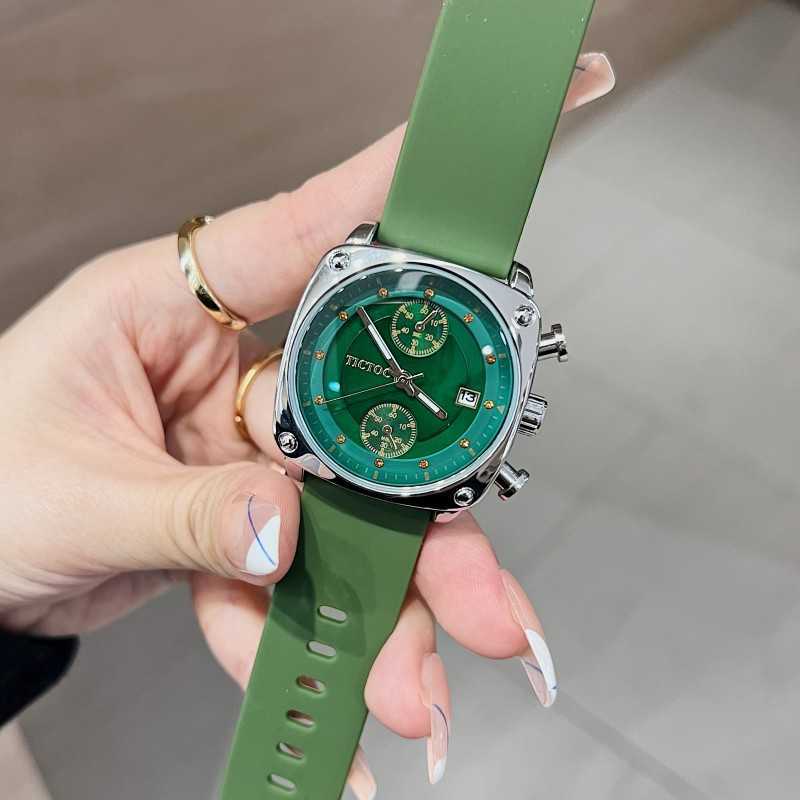 

New Korean Version Ins Style Square Rubber Strap Square Calendar Neutral Large Dial Fashion Watch Ladies Temperament, Silver shell white green tape