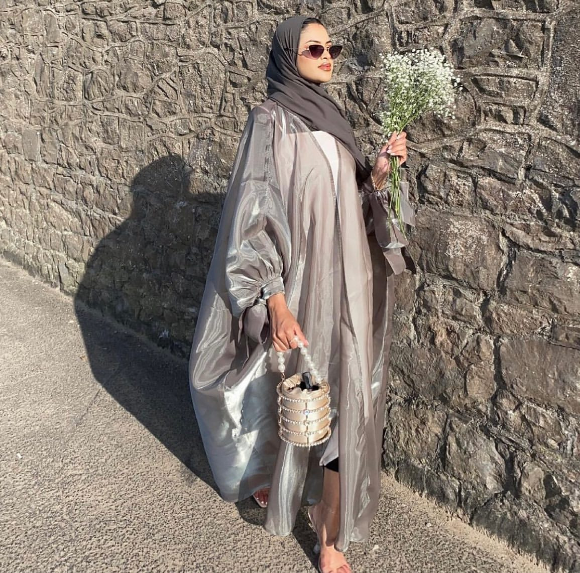 

Ramadan Summer Open Abaya Kimono Dubai Shiny Bubble Sleeve Muslim Dress Turkey Lily Satin Abayas for Women Islam Kaftan Outfit