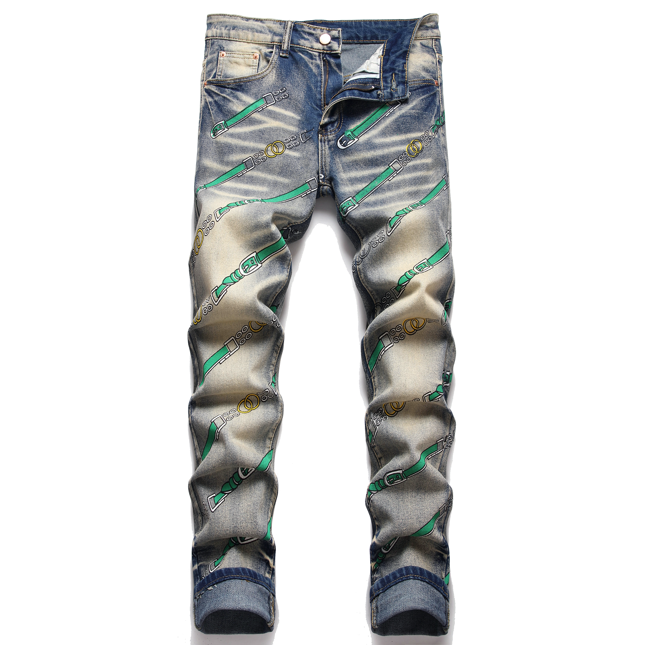 Jeans Vintage Men Slim Fit Belt Printed Straight Biker Denim Pants Big Size Tie Dye Blue Men's Trousers For Male
