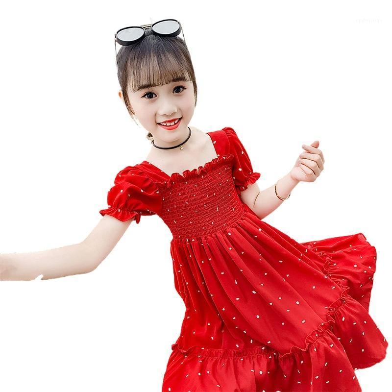 

Girl's Dresses Summer Princess Dress For Girls Red Pink Fashion Tube Top Ruffle Elegant Dot Printing Birthday Party Little Chiffon Kids Clot, Rose red