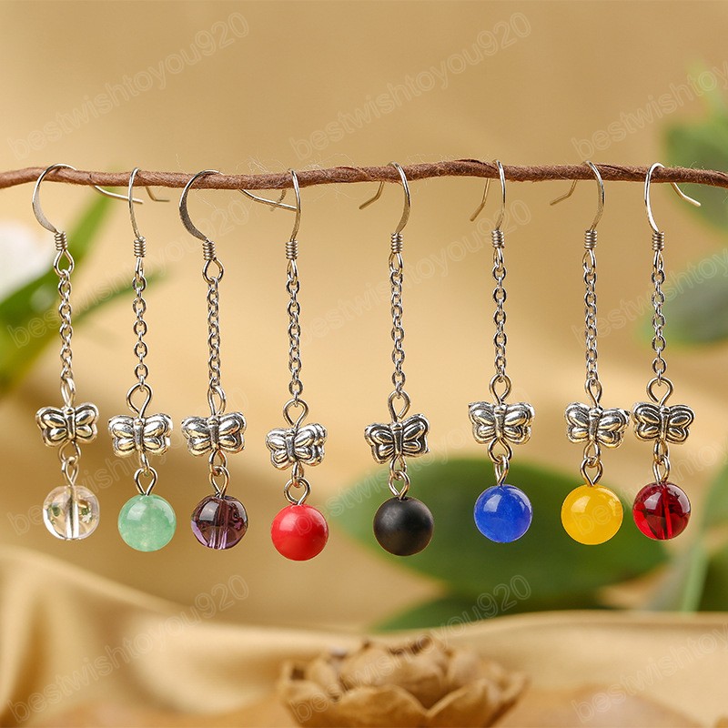 

Fashion Multicolor Round Bead Earrings Retro Silver Color Bow Drop Dangle Earring Handmade Female Gift Hanfu Accessories